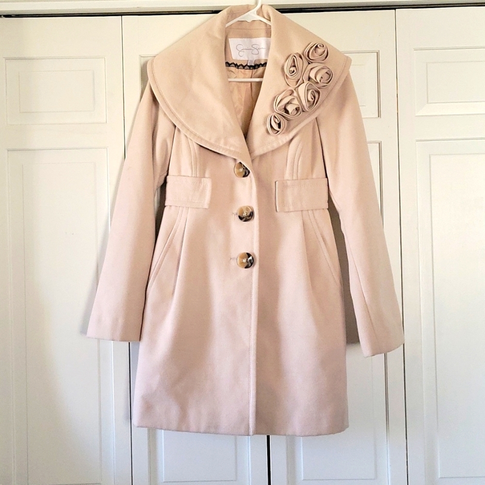 XSM cream colored Jessica Simpson Pea coat with rose details. Never worn.